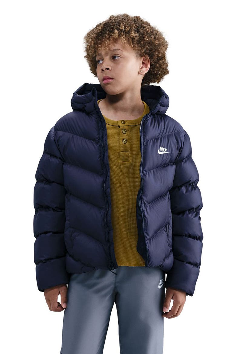 Kids' Sportswear All Day Therma-FIT Quilted Hooded Puffer Jacket, Main, color, MIDNIGHT NAVY/ WHITE