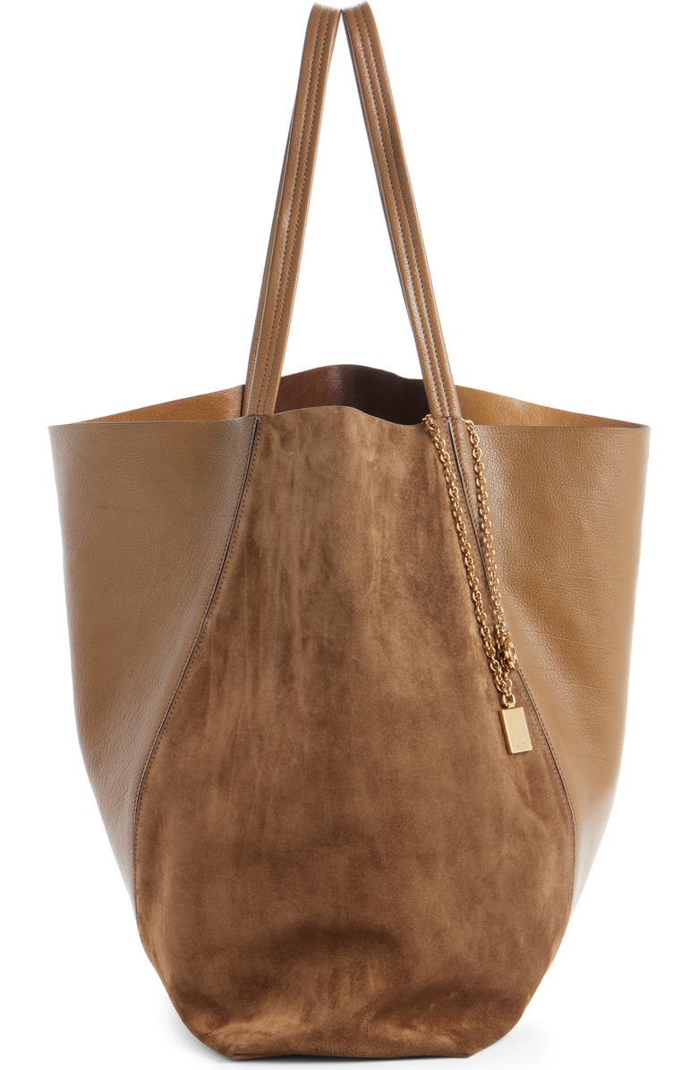 Chloé Medium Spin Leather & Suede Tote, Alternate, color, Dark Khaki