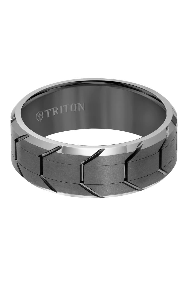8MM Tungsten Carbide Ring with Gunmetal Tire Tread Center and Bevel Edge, Alternate, color, Metallic Silver