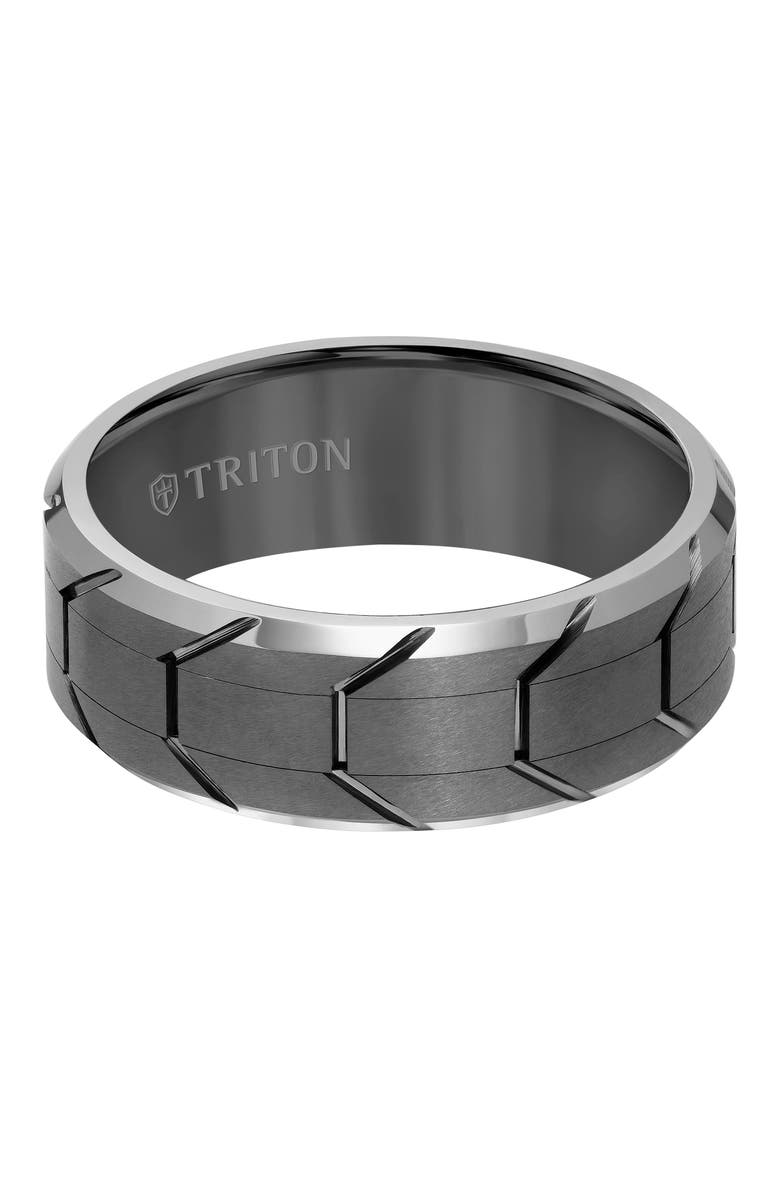 Triton 8MM Tungsten Carbide Ring with Gunmetal Tire Tread Center and Bevel Edge, Alternate, color, 