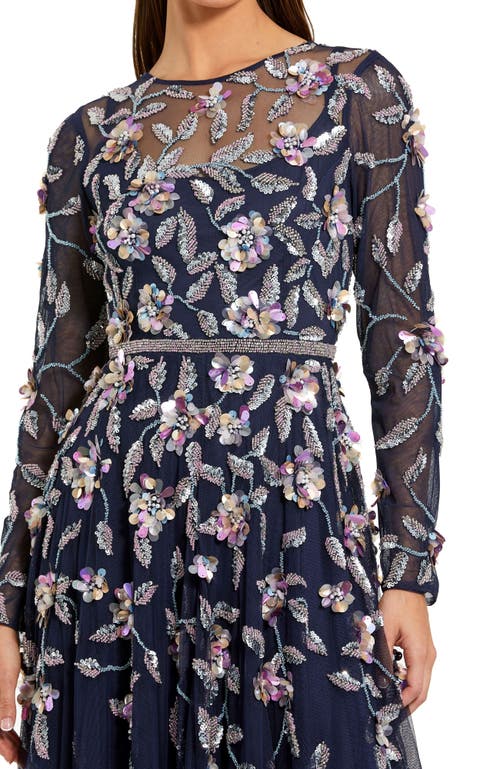 Mac Duggal Long Sleeve Mesh Gown With Floral Detail