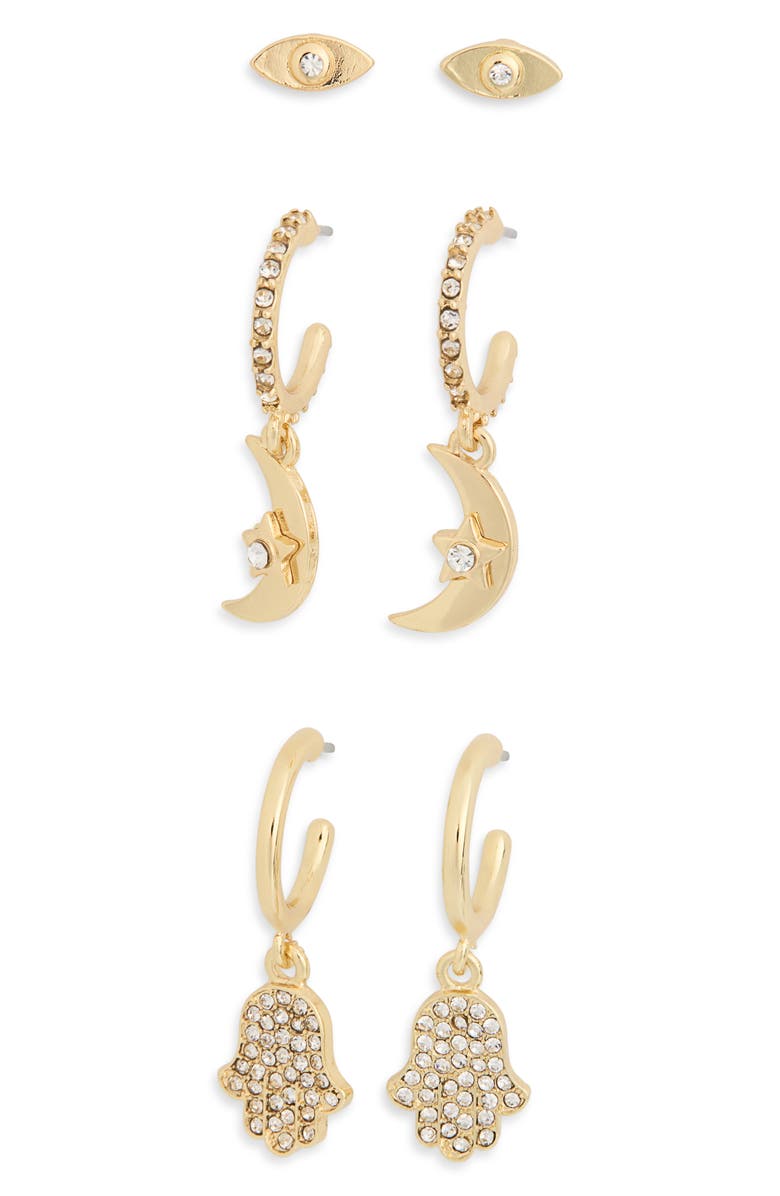 BaubleBar Set of 3 Crystal Embellished Stud & Drop Earrings, Main, color, 