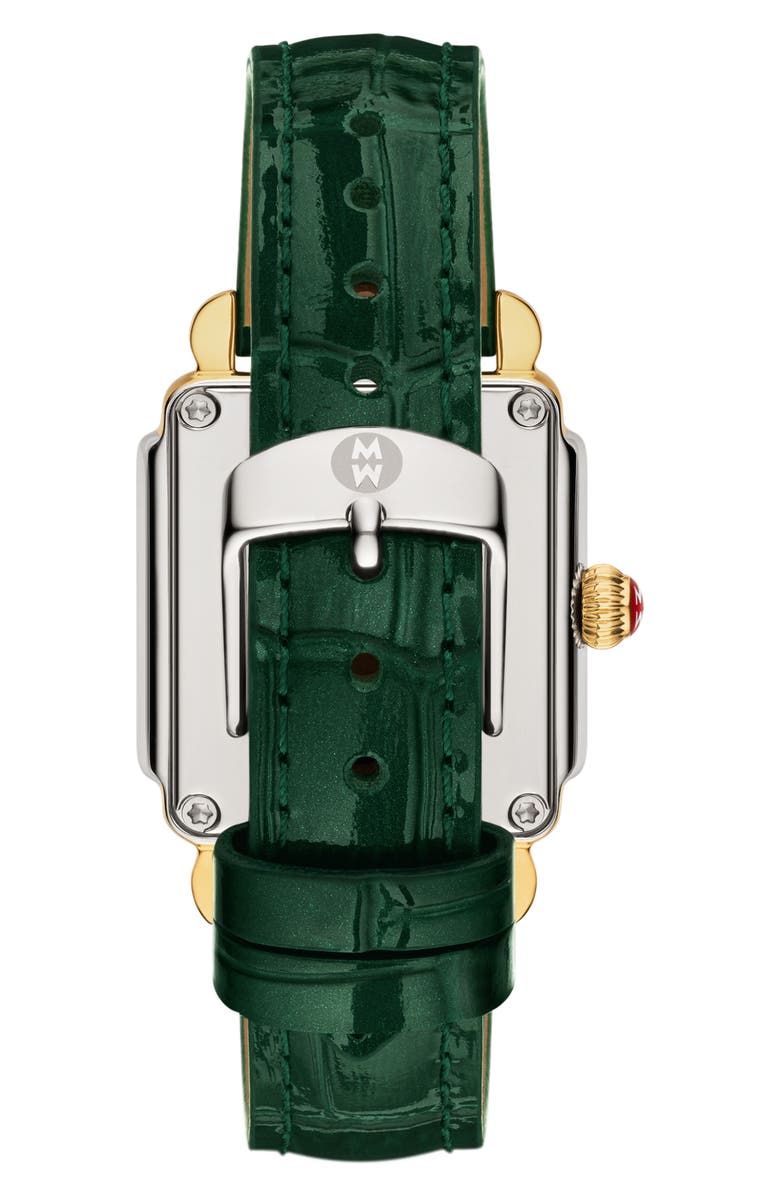 MICHELE Mid Deco Madison Special Edition Two-Tone 18K Gold Plate Diamond Leather Strap Watch, 29mm x 31mm, Alternate, color, Two-Tone / Green