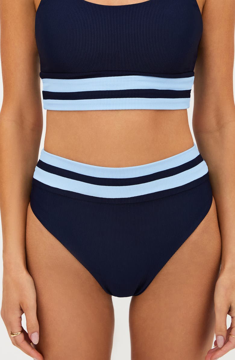 Beach Riot Thalia Stripe High Waist Rib Bikini Bottoms, Main, color, Ultramarine Colorblock