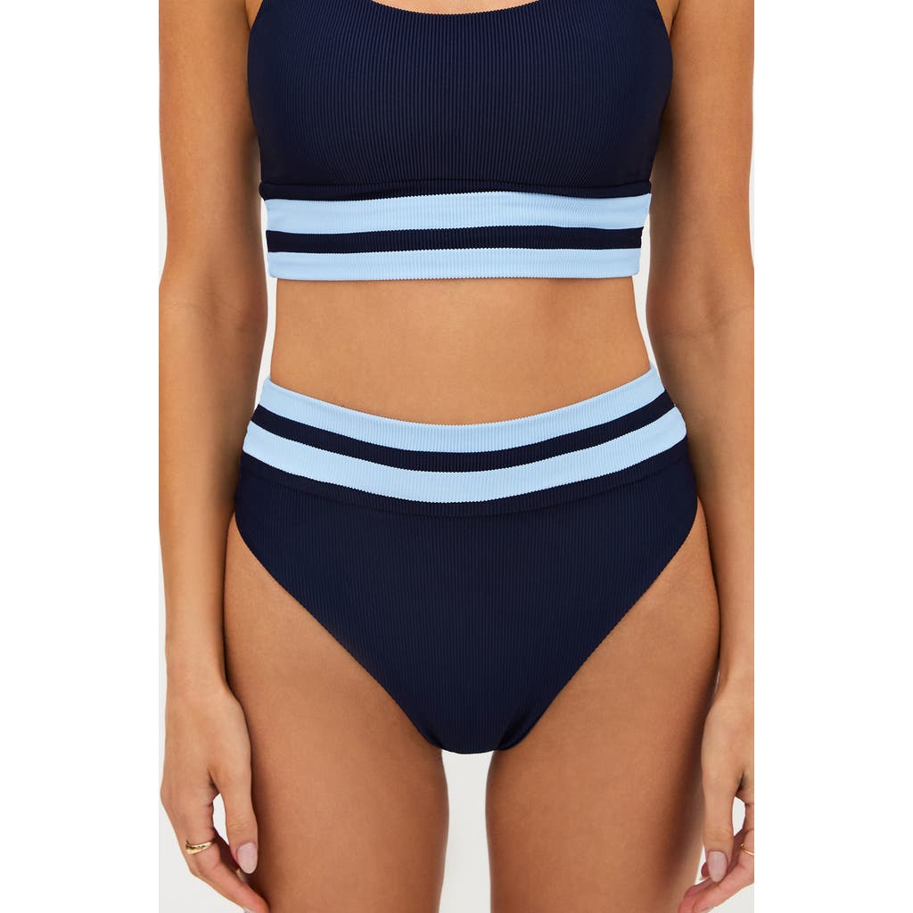 Beach Riot Thalia Stripe High Waist Rib Bikini Bottoms In Blue