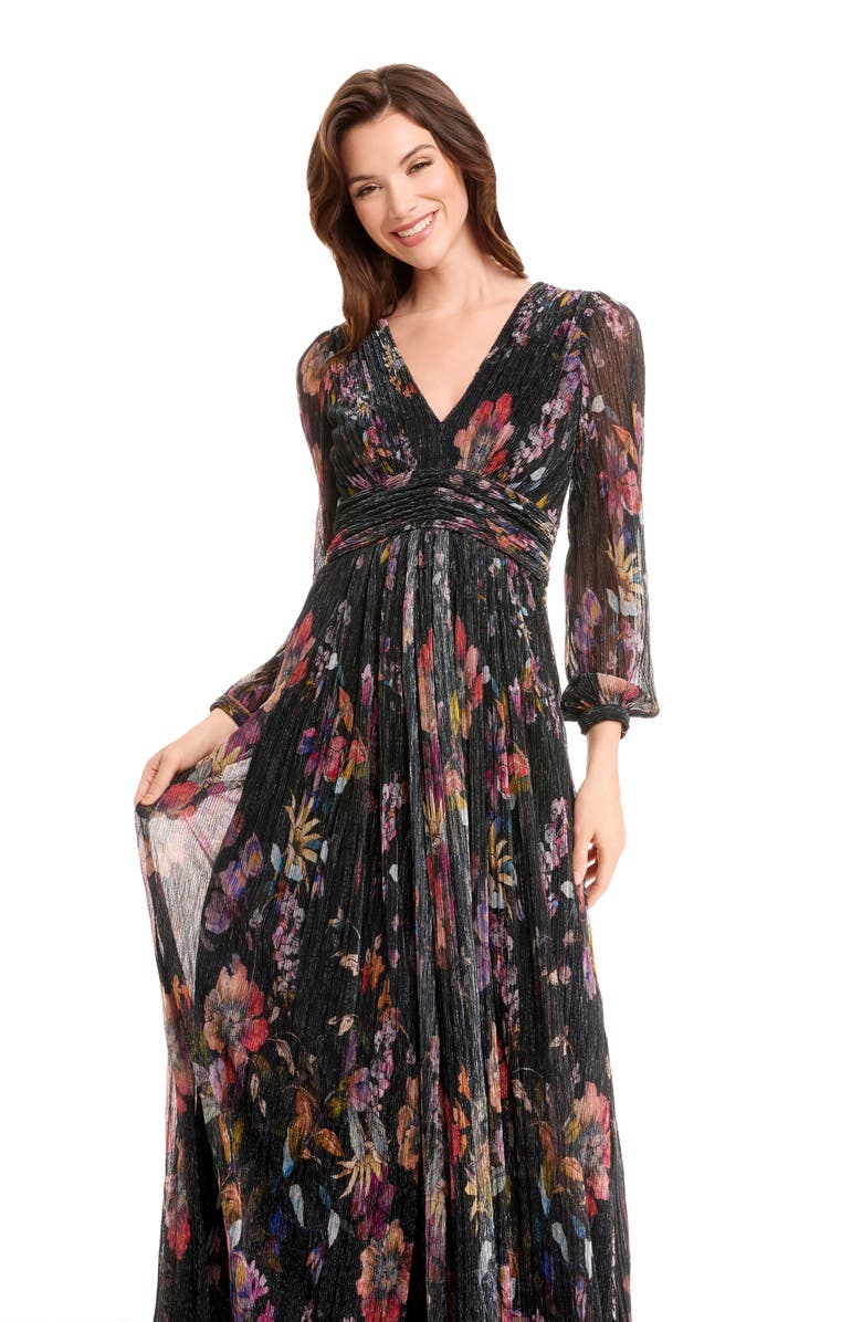 Dress the Population Pauline Metallic Floral Long Sleeve Gown, Alternate, color, Violet Multi