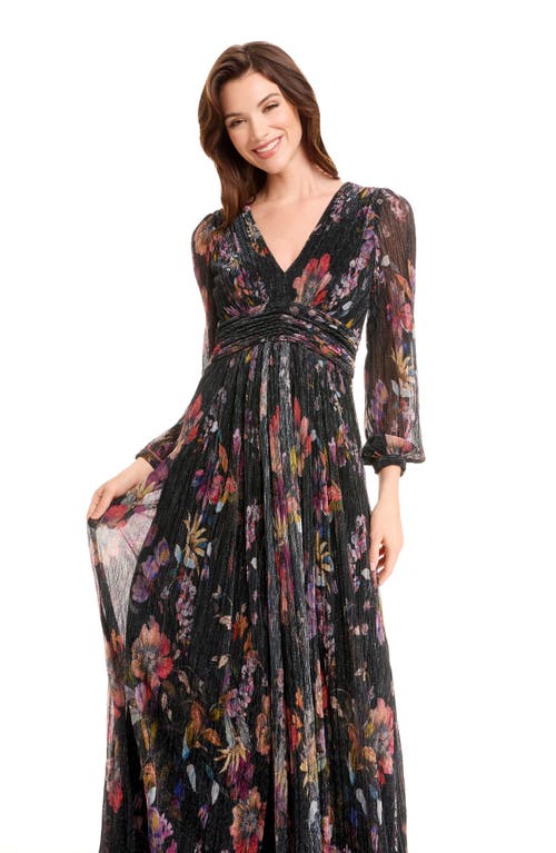 Dress The Population Pauline Metallic Floral Long Sleeve Gown In Black