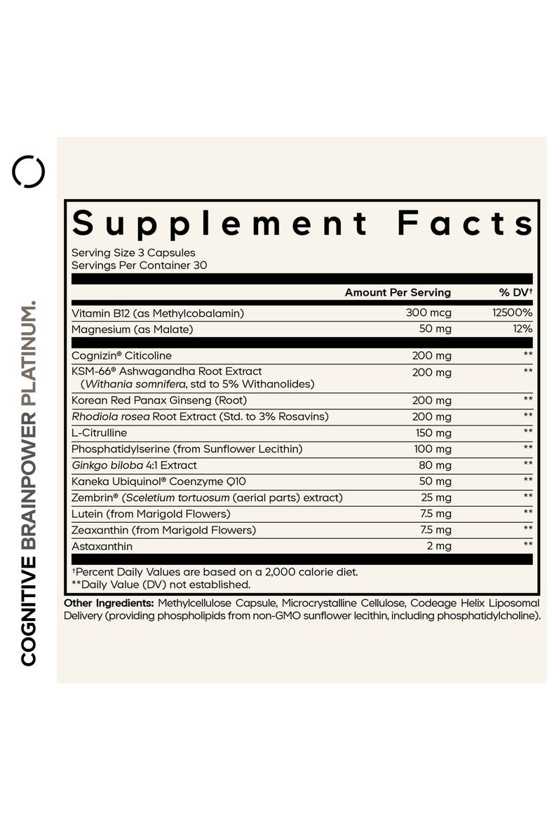 Cognitive Brainpower Platinum, Cognizin Citicoline Supplement, Alternate, color, White