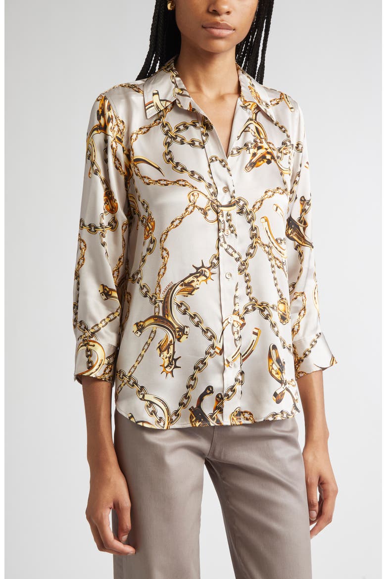 Dani Chain Print Silk Button-Up Shirt, Alternate, color, SMK GR/GD LNG HRN CHN