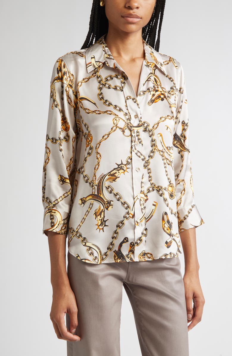 L'AGENCE Dani Chain Print Silk Button-Up Shirt, Alternate, color, Smoke Grey/Gold Long Horn Chai