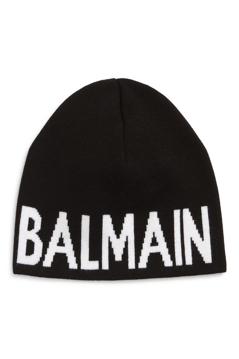 Kids' Intarsia Logo Virgin Wool Beanie, Main, color, 930BC BLACK WHITE