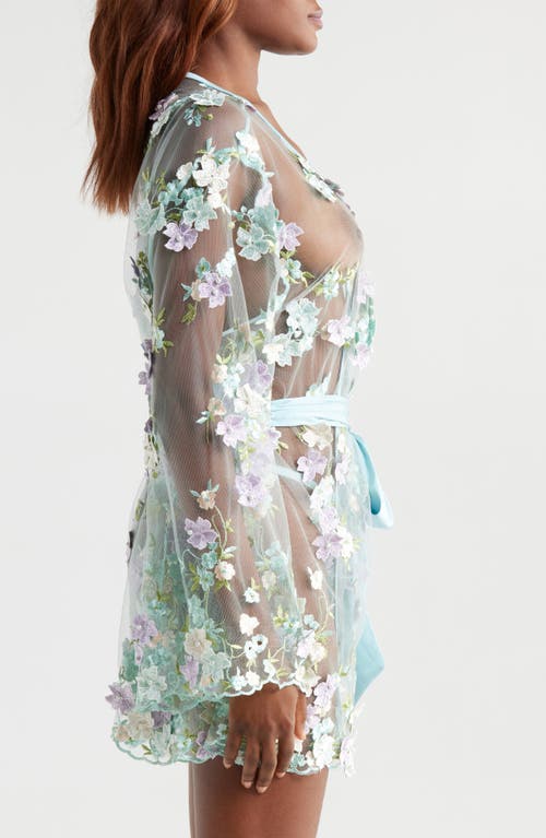Kilo Brava Floral Embroidered Sheer Mesh Robe In Powder Blue Multi