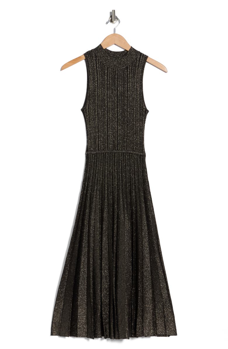 T Tahari Metallic Pleated Mock Neck Sleeveless Midi Dress, Alternate, color, Gold/ Black Lurex
