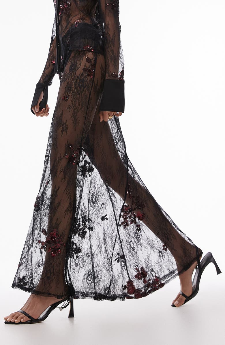 Topshop Sequin Embellished Sheer Lace Maxi Skirt, Alternate, color, Black