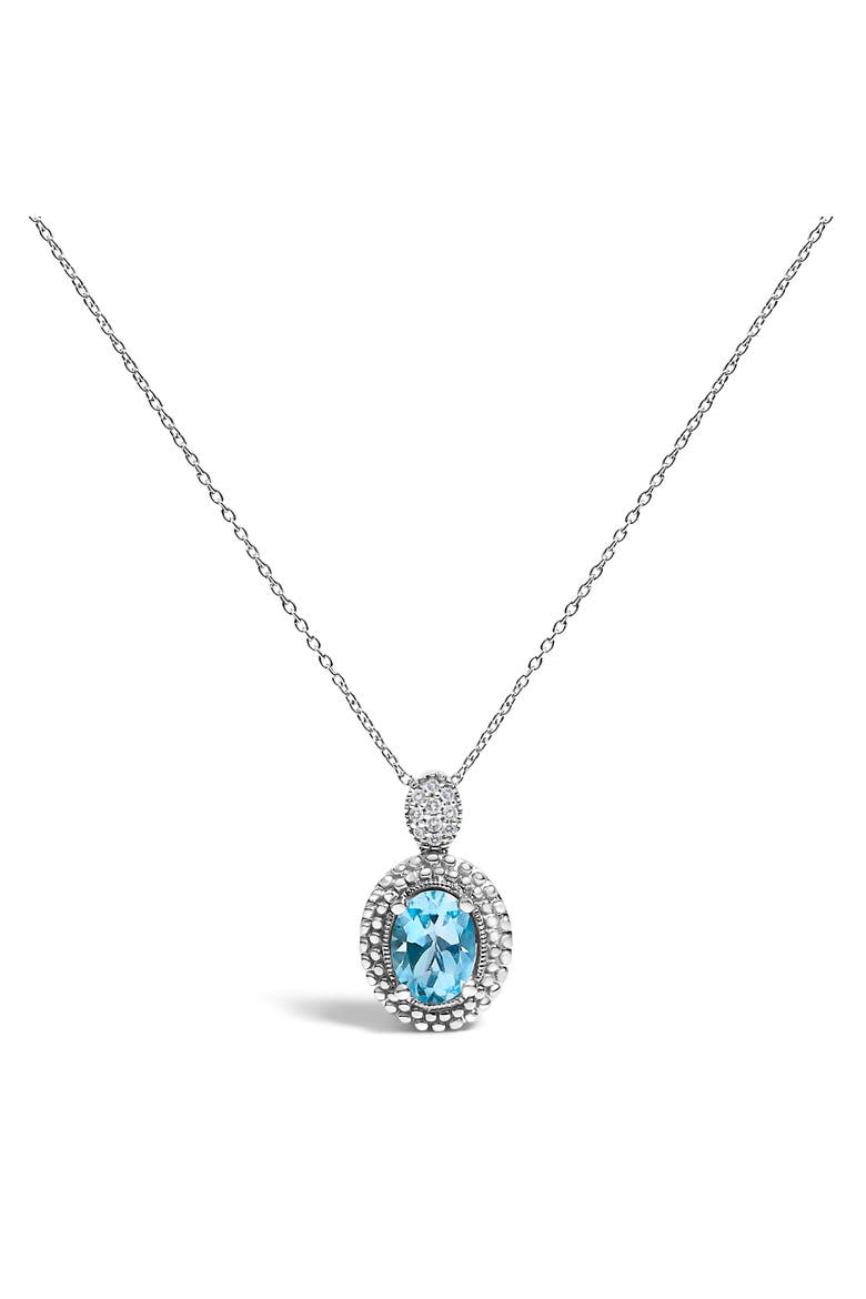 Silver Oval Blue Topaz and Diamond Accent with Beaded Halo Pendant Necklace, Main, color, White
