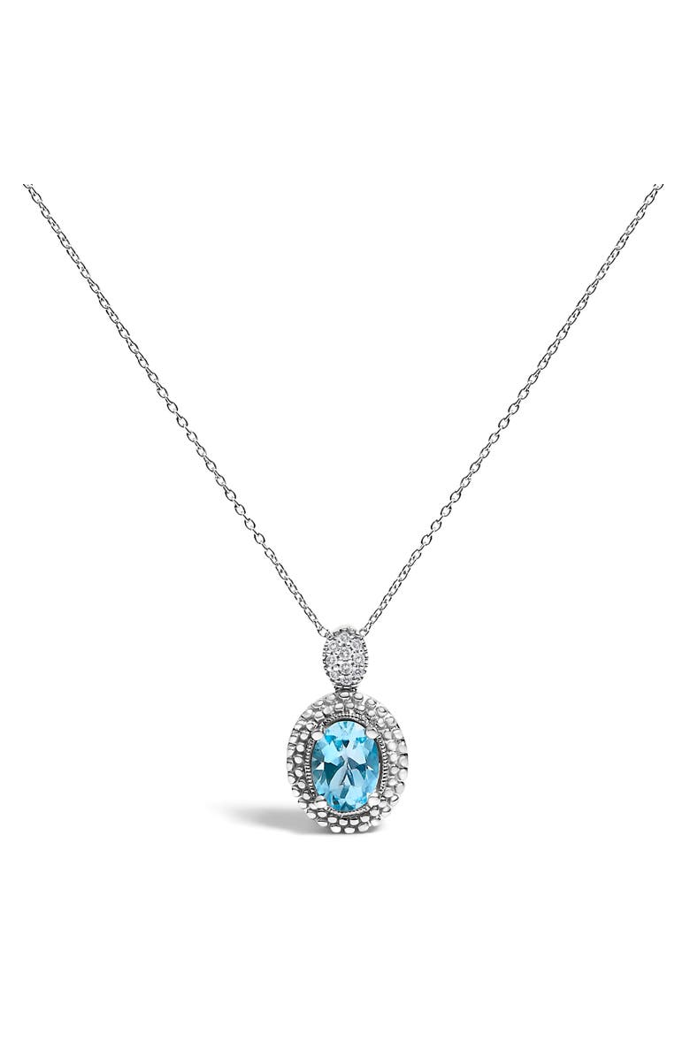 Haus of Brilliance Silver Oval Blue Topaz and Diamond Accent with Beaded Halo Pendant Necklace, Main, color, White