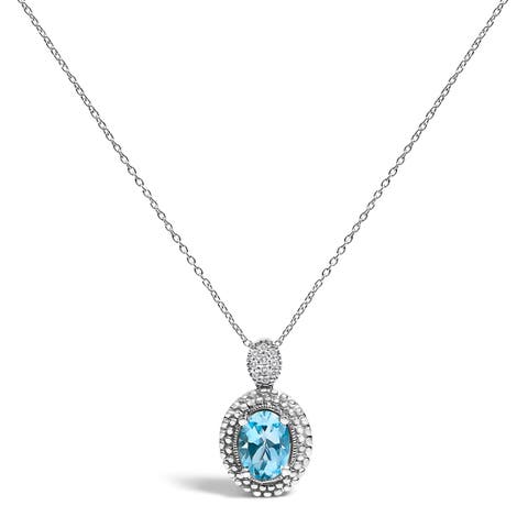 Silver Oval Blue Topaz and Diamond Accent with Beaded Halo Pendant Necklace