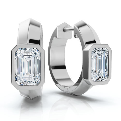 Bliss Diamond 1 1/3ct Emerald Cut Brava Bezel Diamond Hoops 5/8" Huggies 14k Gold Lab Grown In Silver