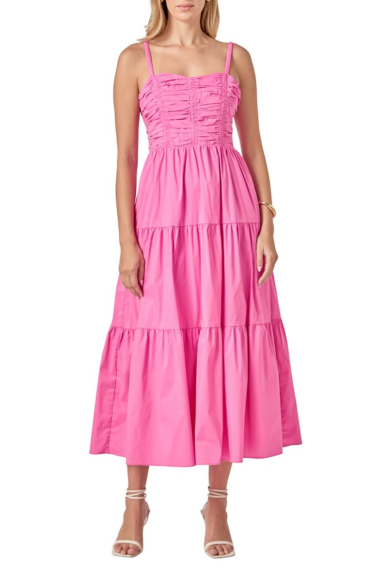 Ruched Cotton Blend Tiered Sundress, Main, color, PINK