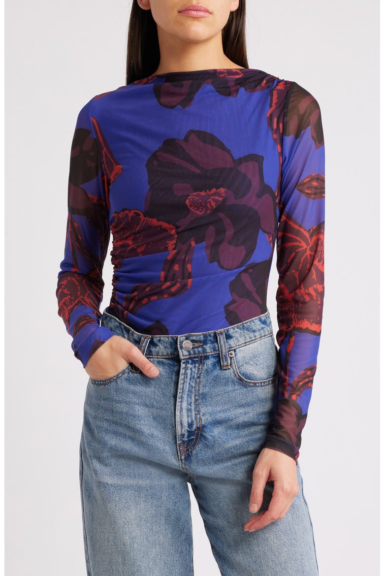 Remy Floral Print Ruched Mesh Top, Main, color, LA ROUGE PRINT