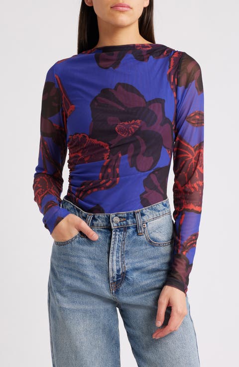 Remy Floral Print Ruched Mesh Top