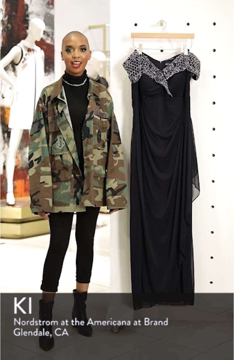 Xscape Beaded Off the Shoulder Column Gown, sales video thumbnail