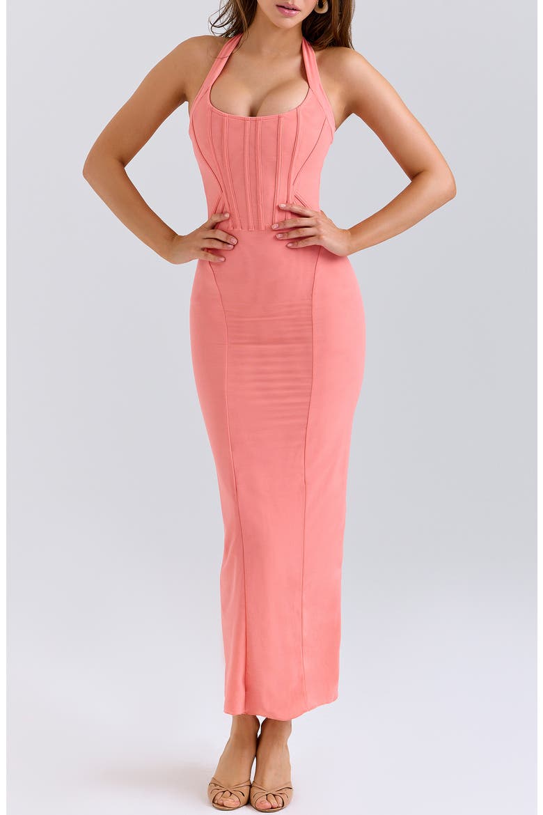 Lusilla Halter Powermesh Body-Con Cocktail Dress, Main, color, CORAL