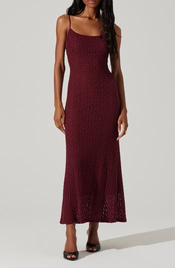 Astr The Label Renaisse Open Stitch Cotton Blend Dress In Burgundy