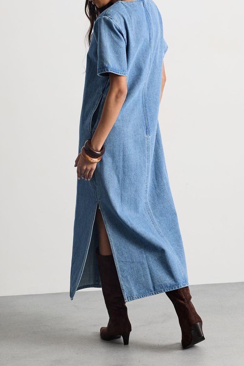 Denim Side Split Midi Dress, Alternate, color, Mid Wash
