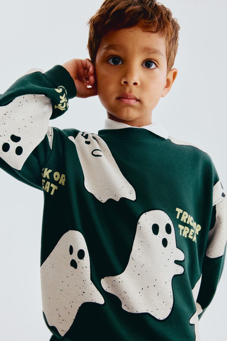 2-Piece Printed Sweatshirt And Joggers Set, Alternate, color, Dark green/ghosts