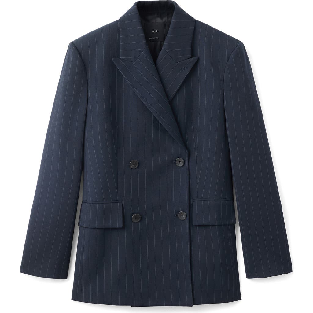 Mango Pinstripe Double Breasted Blazer In Blue