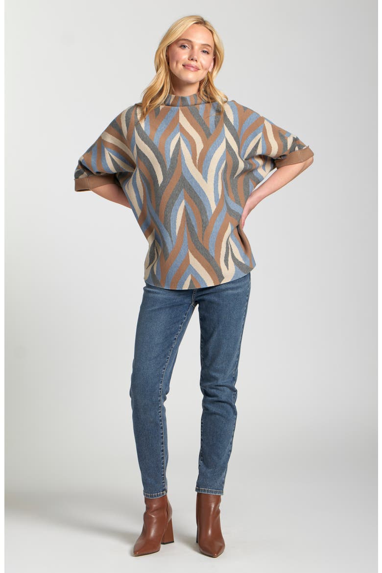 Interlacing Lines Cowl Neck Sweater, Alternate, color, BEIGE/ BLUE/ MOCHA