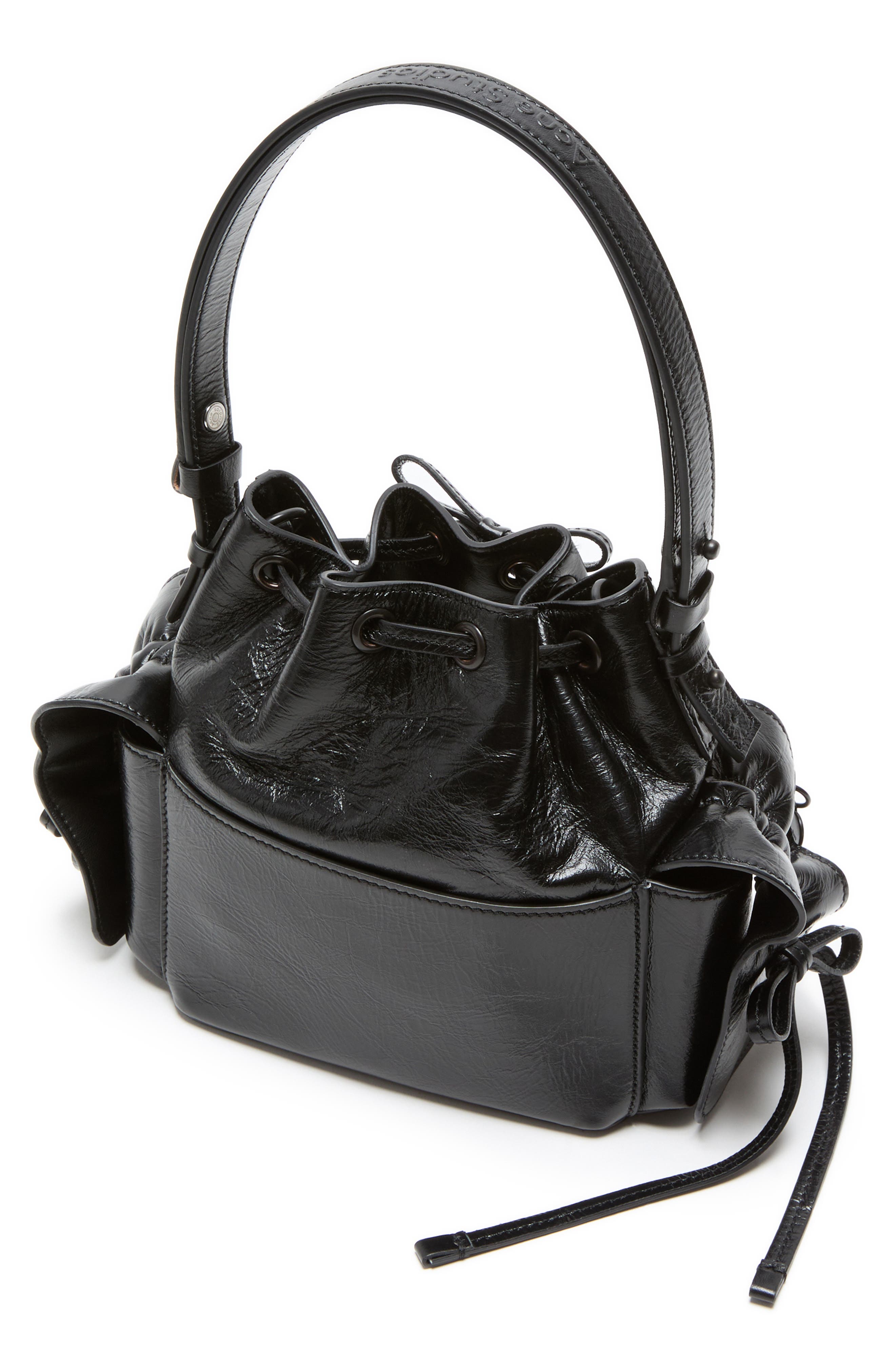 Acne Studios Mini Multipocket Crinkled Shiny Leather Bucket Bag, Alternate, color, Black