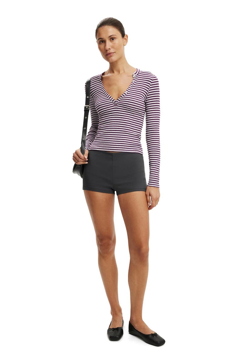 Cotton On Women's Ryan Henley Long Sleeve, Alternate, color, Madi Stripe Grey Marle Plum
