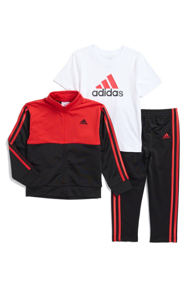 adidas Kids' 3-Stripes Colorblock Tricot Track Jacket, T-Shirt & Pants Set, Main, color, 