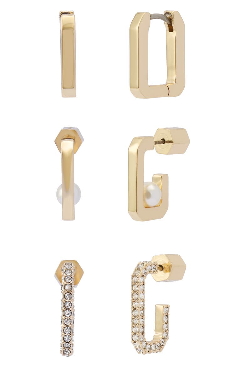 Set of 3 Assorted Hexagon Hoop Earrings, Main, color, GOLD/ PEARL