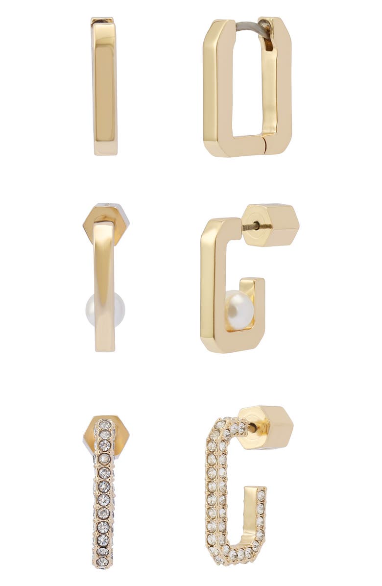 AllSaints Set of 3 Assorted Hexagon Hoop Earrings, Main, color, Gold/ Pearl