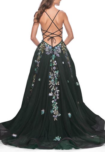 Gorgeous Sequin Floral Lace Applique A-Line Tulle Prom Dress