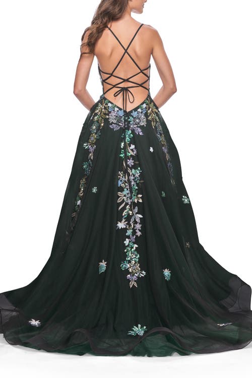 La Femme Gorgeous Sequin Floral Lace Applique A-line Tulle Prom Dress