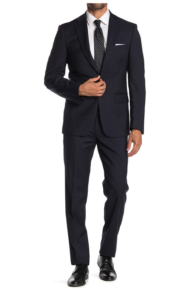 Calvin Klein Dark Blue Tonal Pinstripe Wool Two Button Notch Lapel Suit, Main, color,
