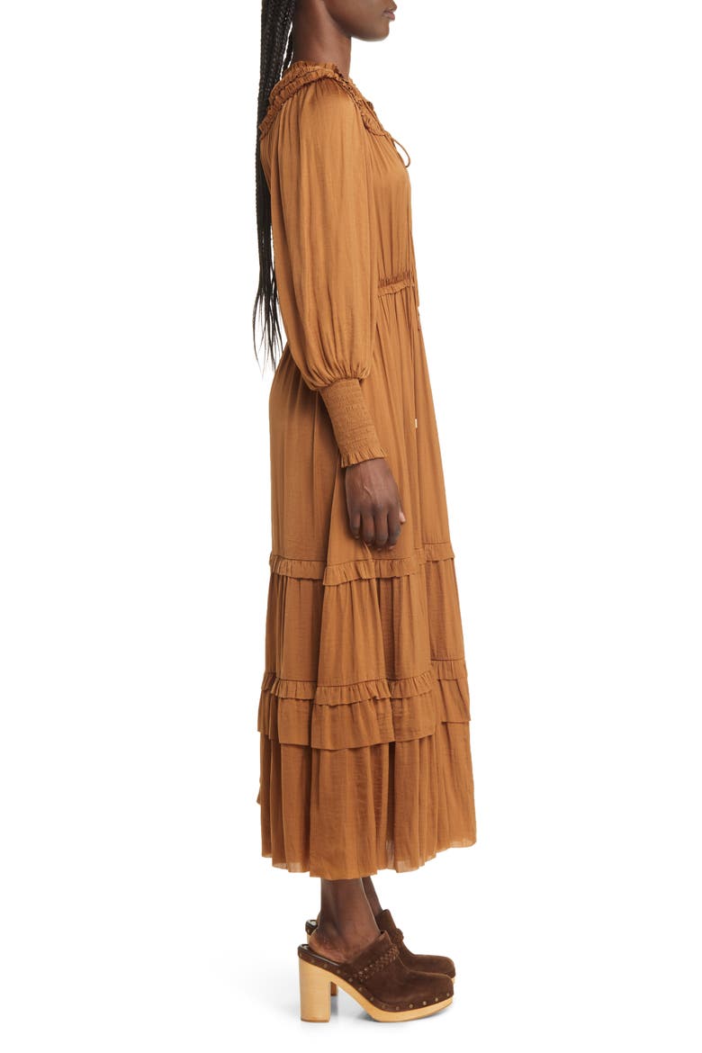 Long Sleeve Crinkle Satin Tiered Maxi Dress, Alternate, color, BROWN