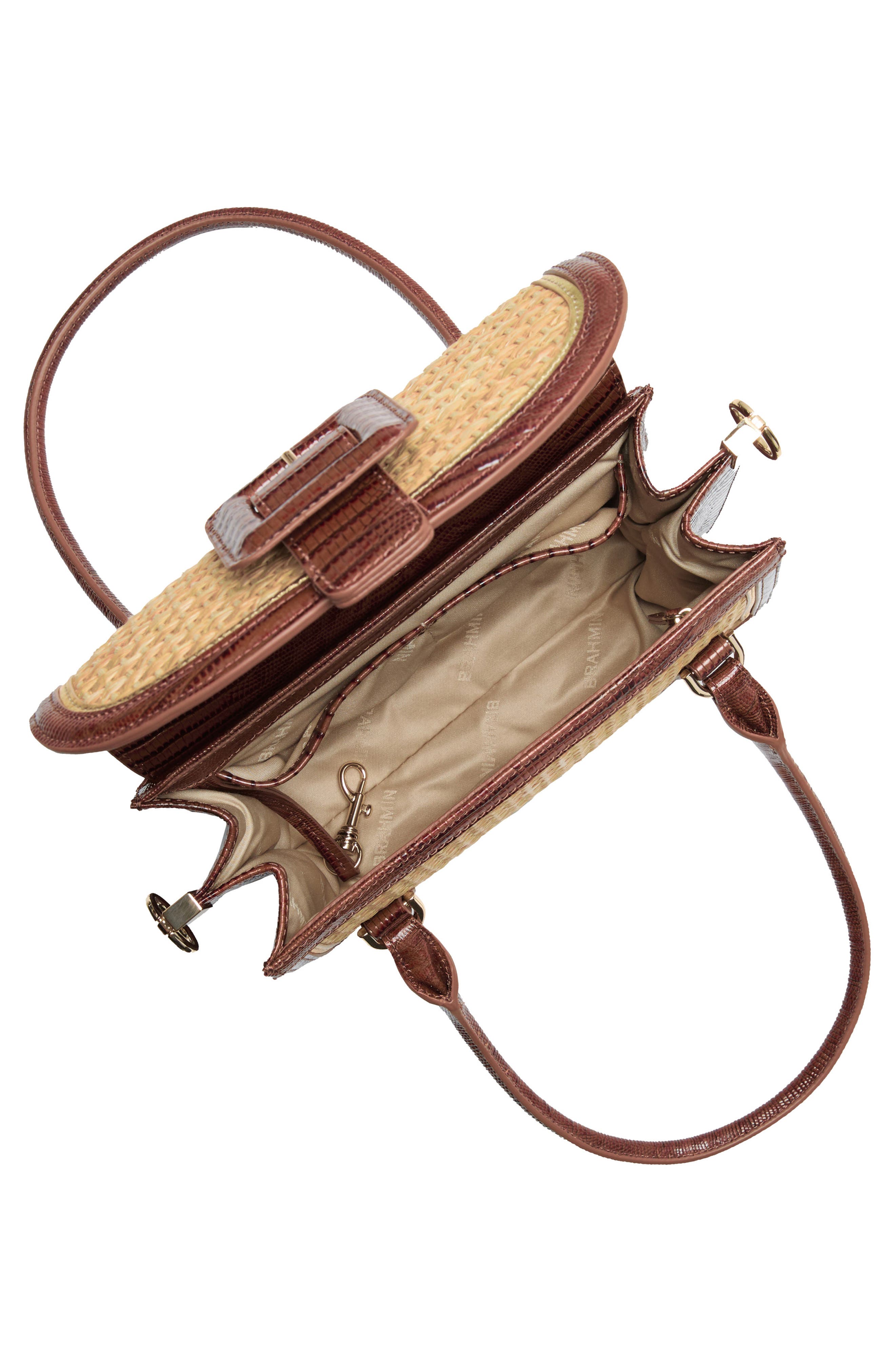 Brahmin Small Hallie Woven Straw & Lizard Embossed Leather Satchel, Alternate, color, 
