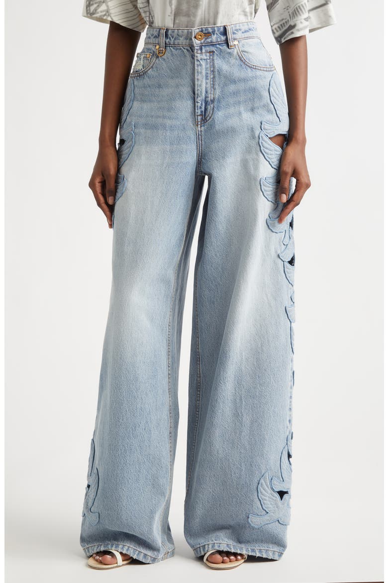 Alchemy Appliqué Relaxed Flare Leg Jeans, Main, color, SEA FOAM