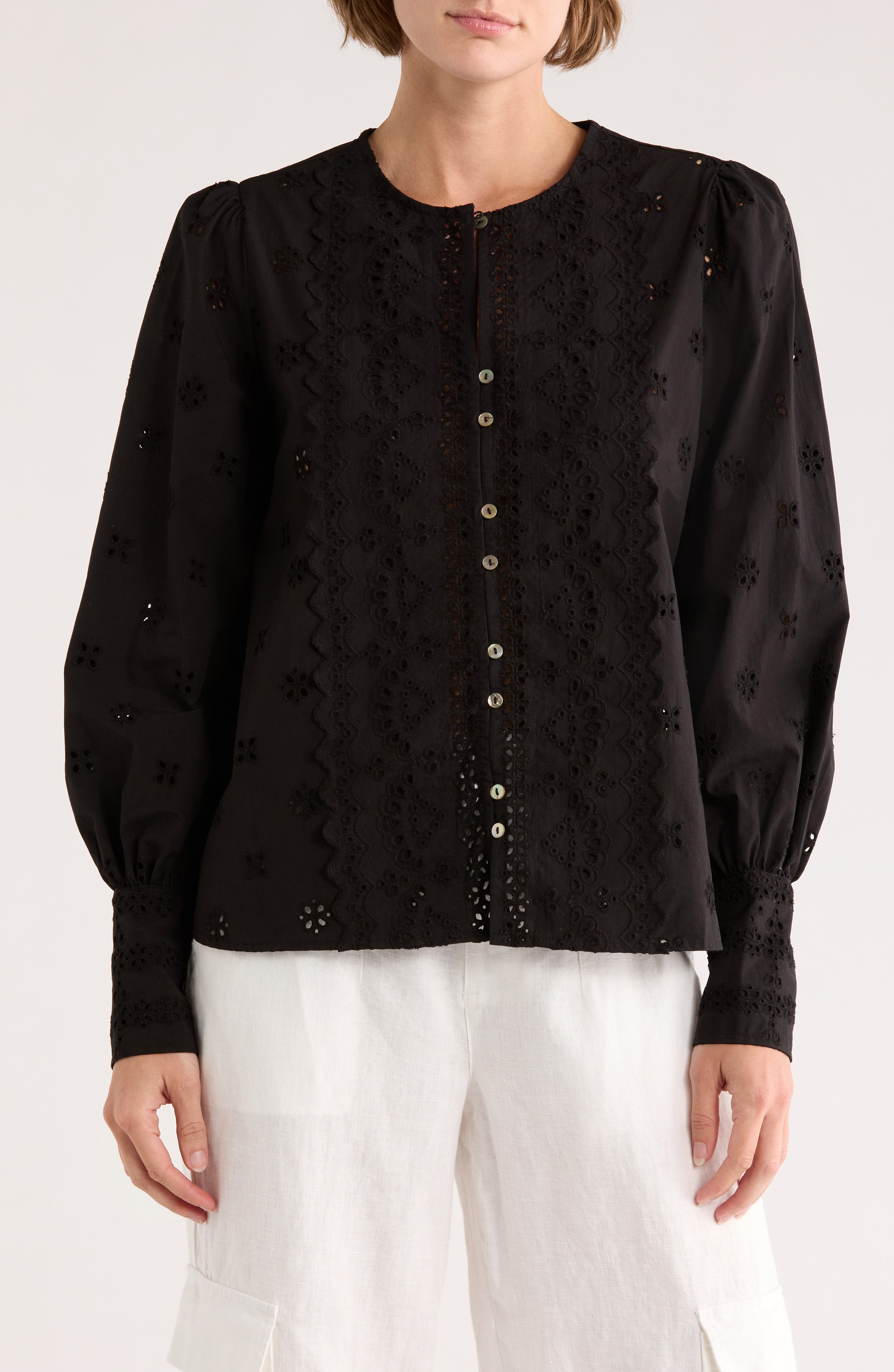 INDUSTRY REPUBLIC CLOTHING Long Sleeve Embroidered Eyelet Shirt