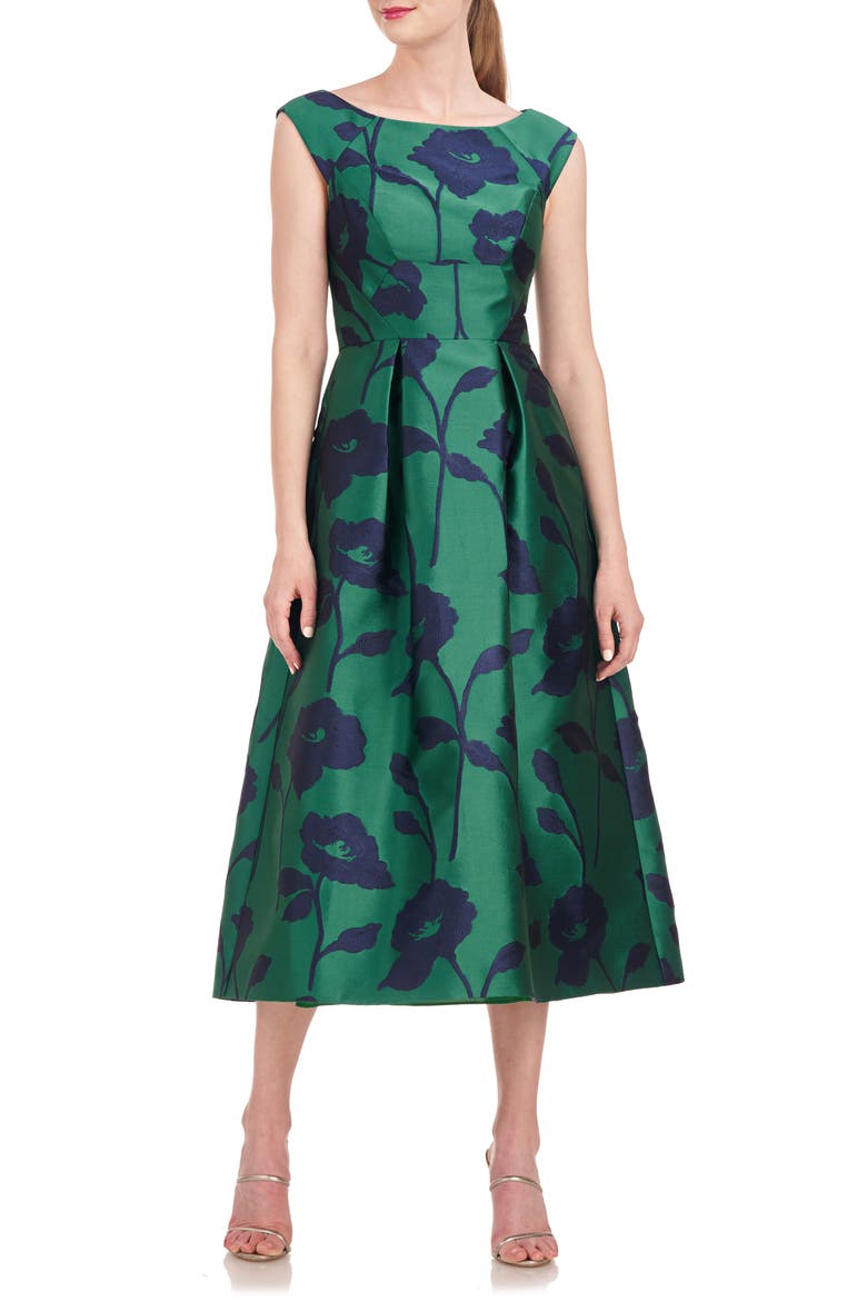Jenni Floral Jacquard A-Line Dress, Main, color, EMERALD/ NAVY