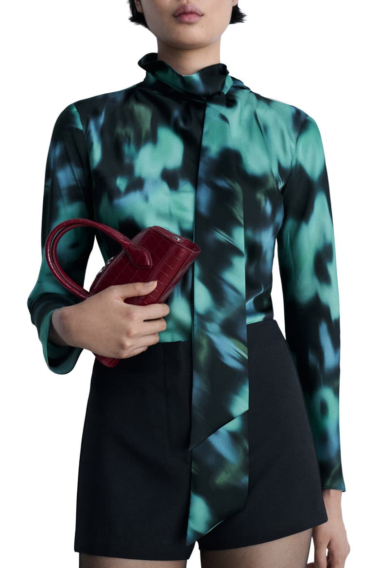 Abstract Print Tie Neck Long Sleeve Top, Main, color, BLACK
