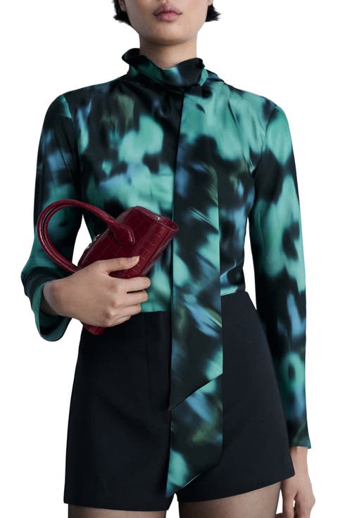 Abstract Print Tie Neck Long Sleeve Top