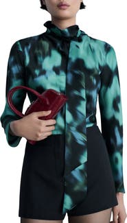 MANGO Abstract Print Tie Neck Long Sleeve Top