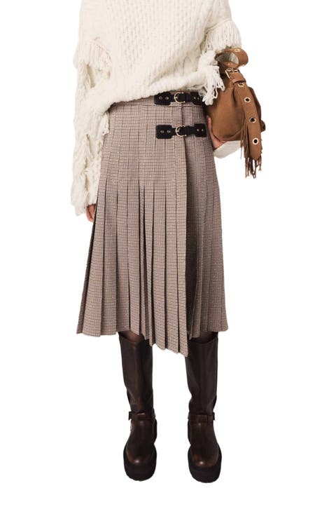 Pleated checked midi skirt