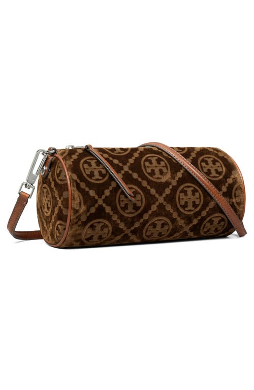 Tory Burch T Monogram Flocked Velvet Cylinder Shoulder Bag In Sand
